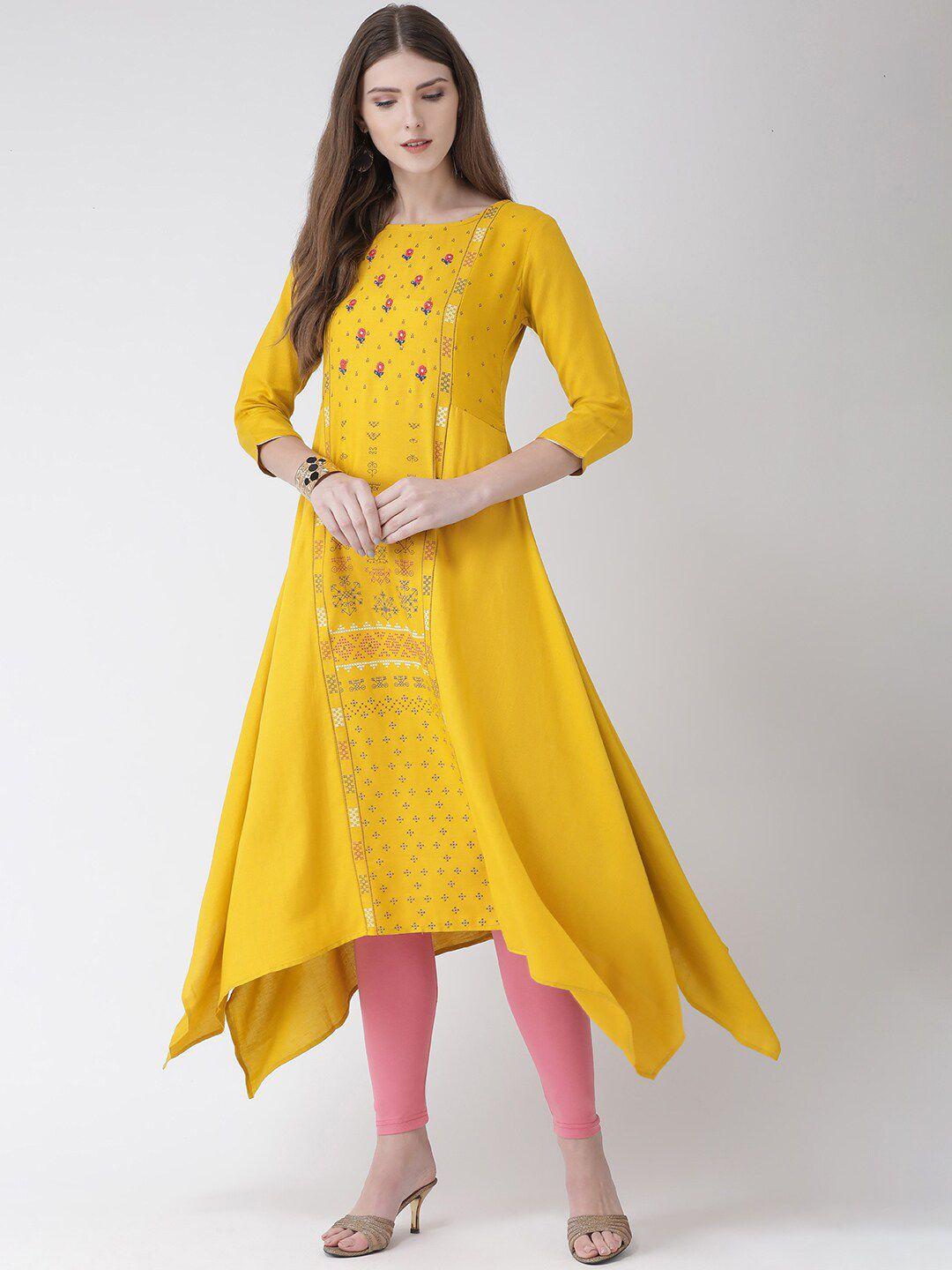 span woman yellow ethnic motifs embroidered kurta