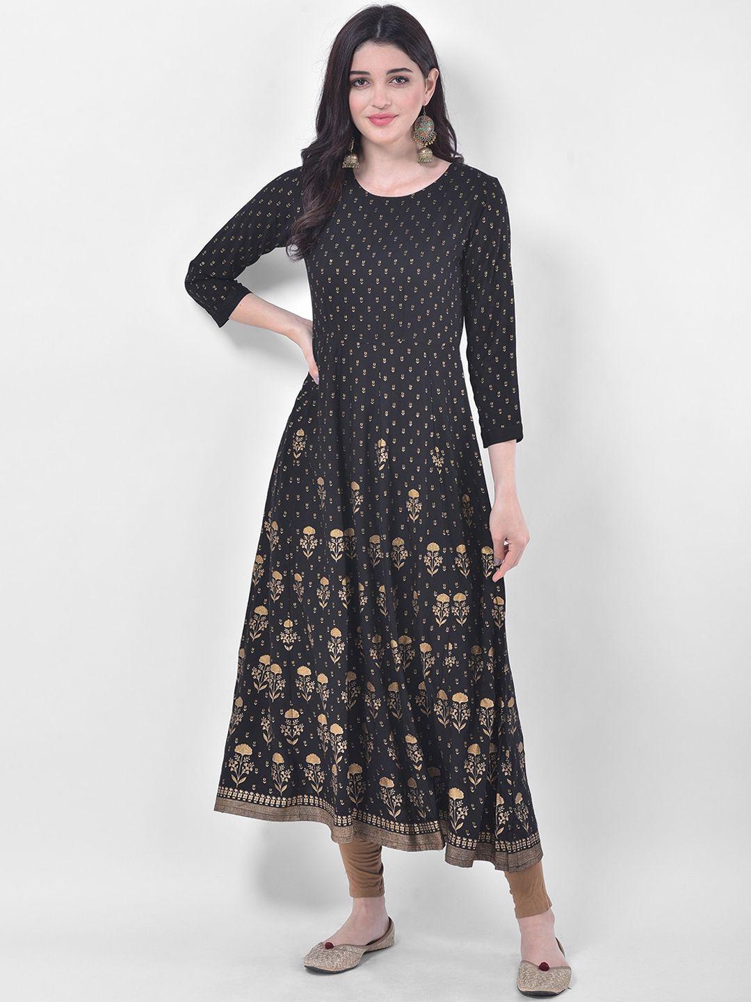 span women black & gold-toned ethnic motifs printed a-line kurta