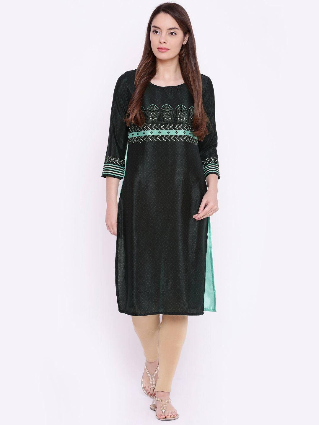 span women black & green printed straight kurta