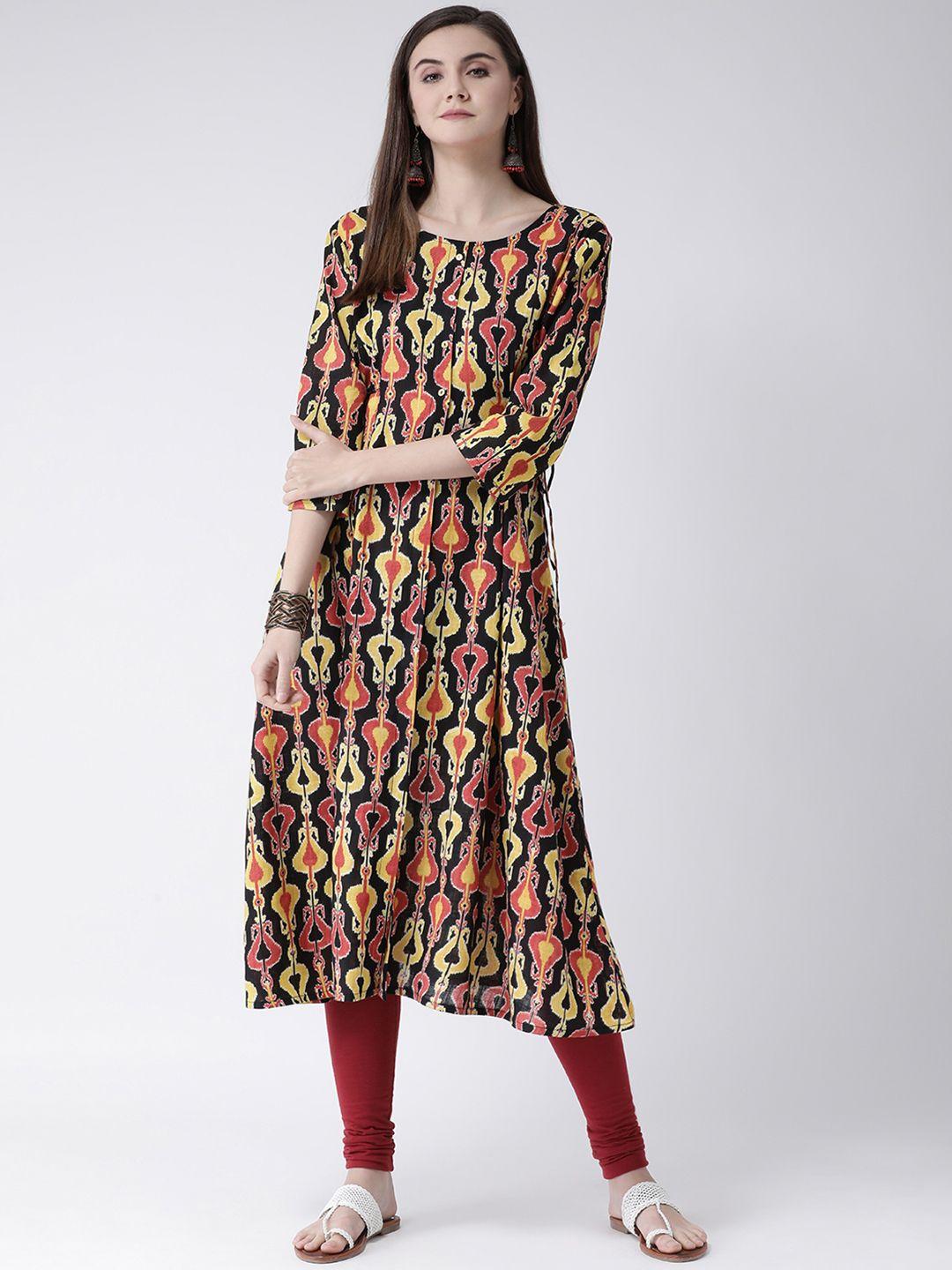 span women black & yellow printed a-line kurta