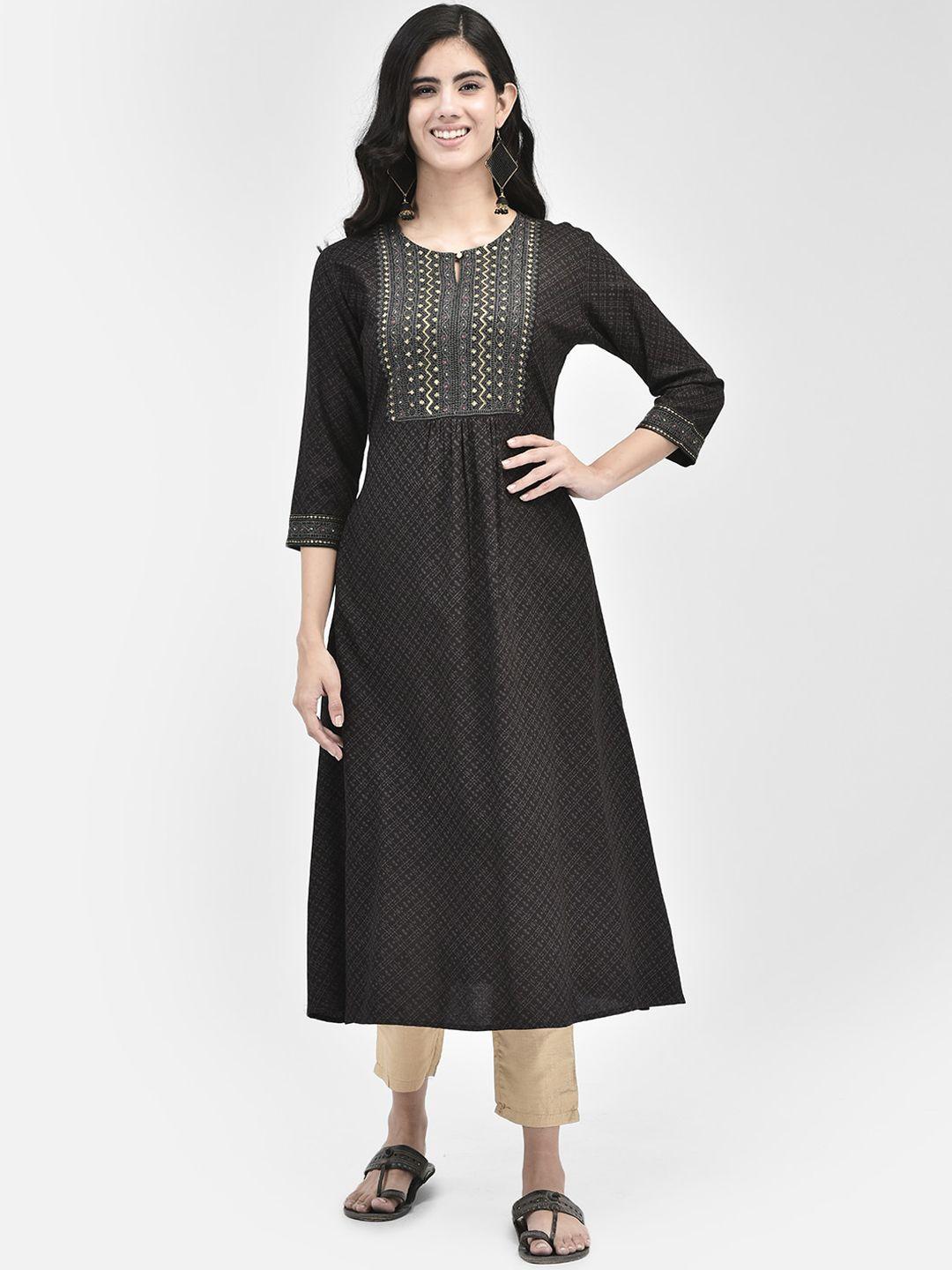 span women black geometric keyhole neck flared sleeves thread work kurta