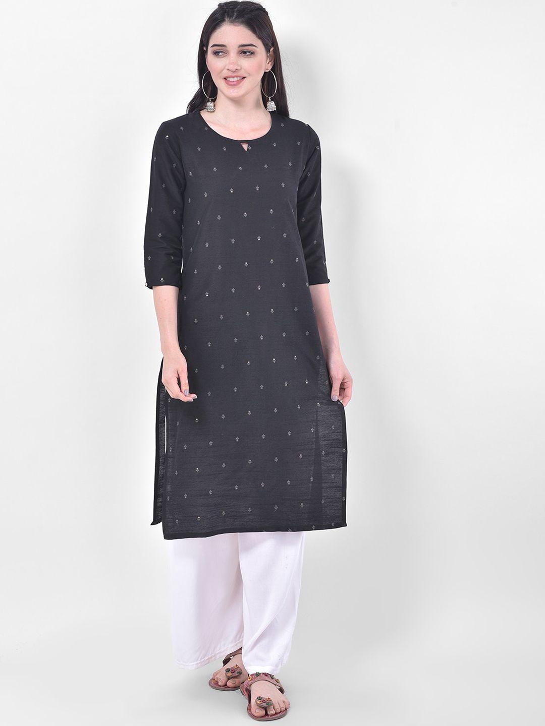 span women black geometric printed thread work kurta