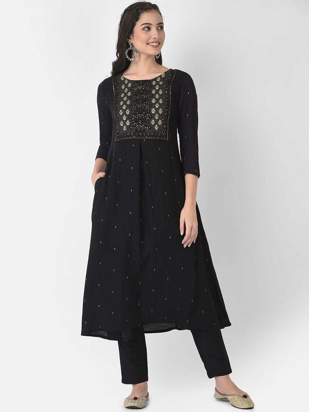 span women black printed kurta