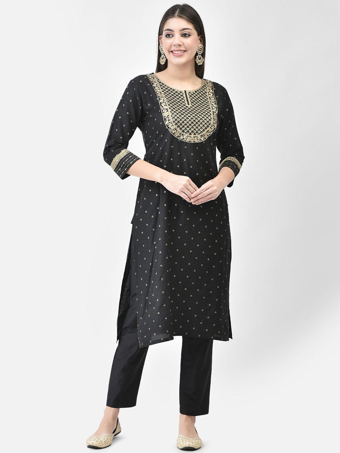 span women black printed kurta