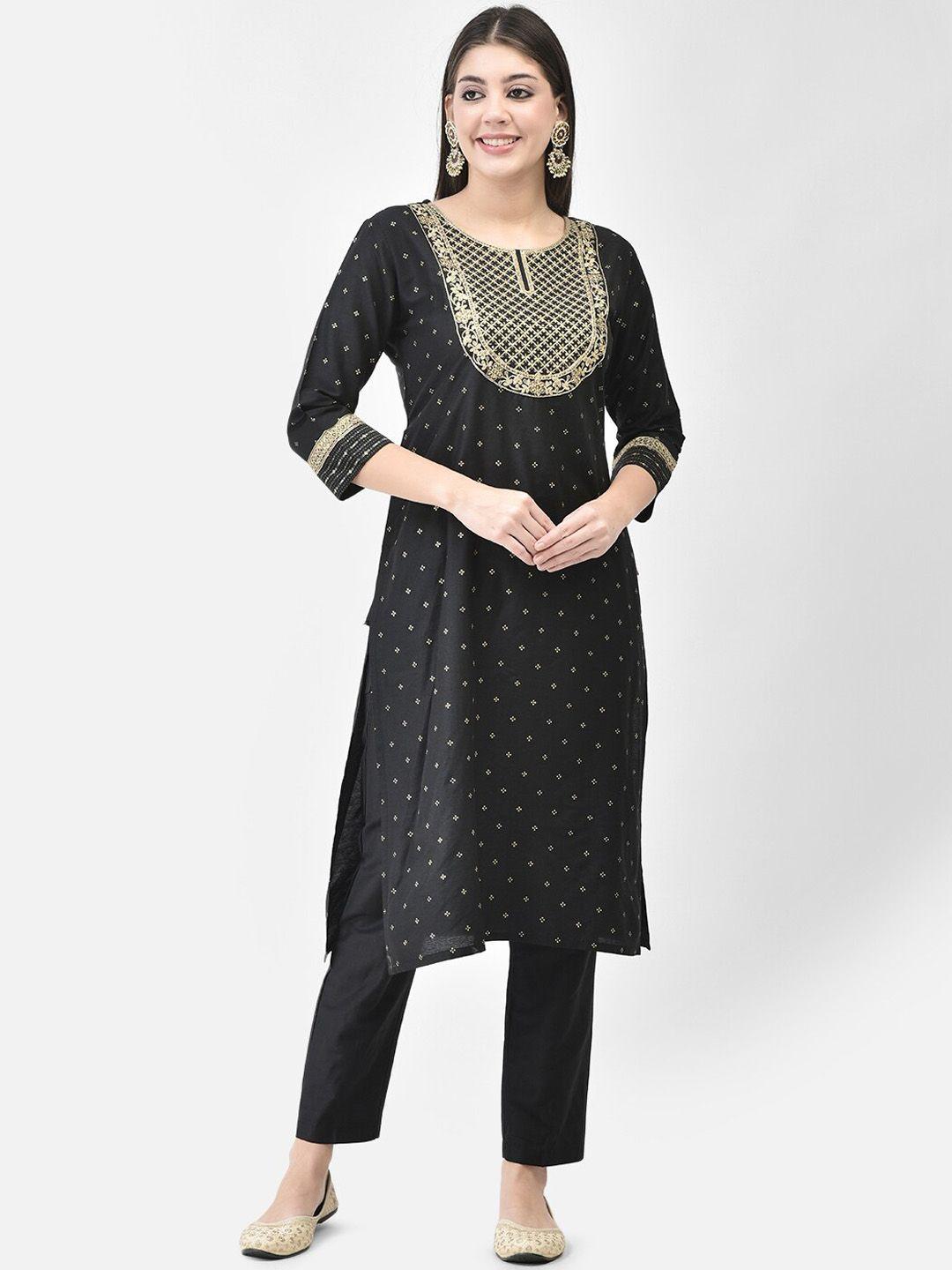 span women black printed regular kurta with trousers