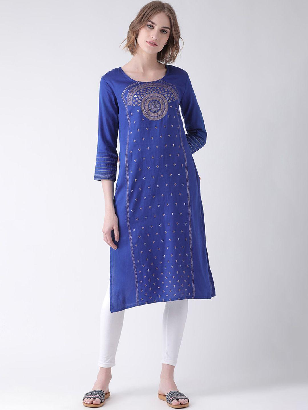 span women blue & brown ethnic motifs printed pure cotton kurta