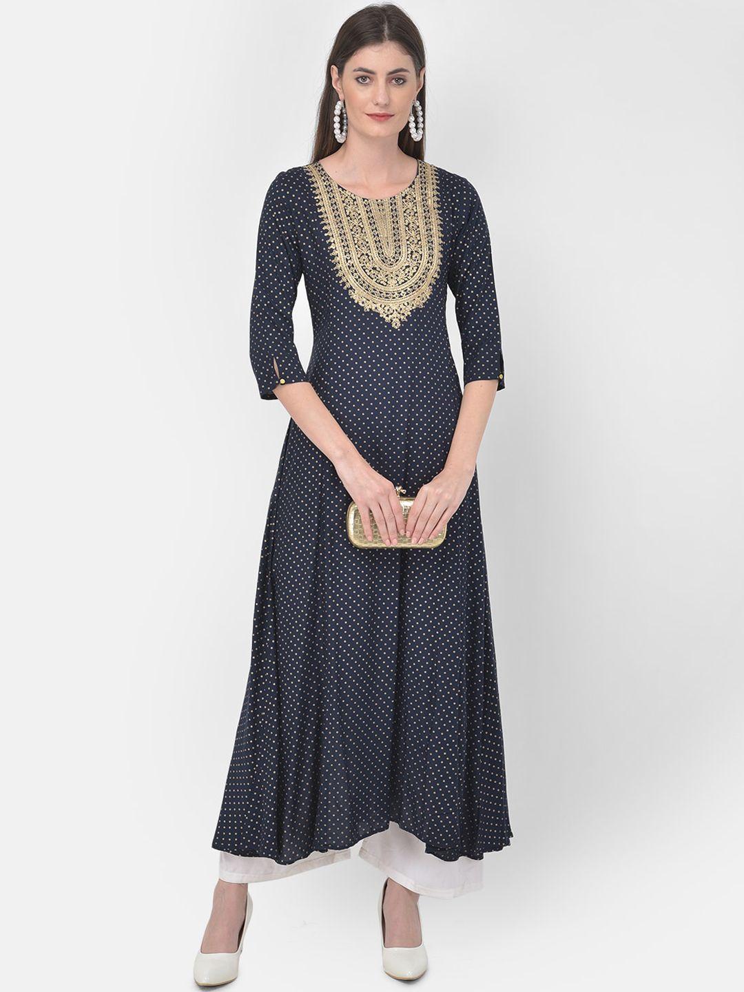 span women blue & gold-toned ethnic motifs thread work a-line kurta