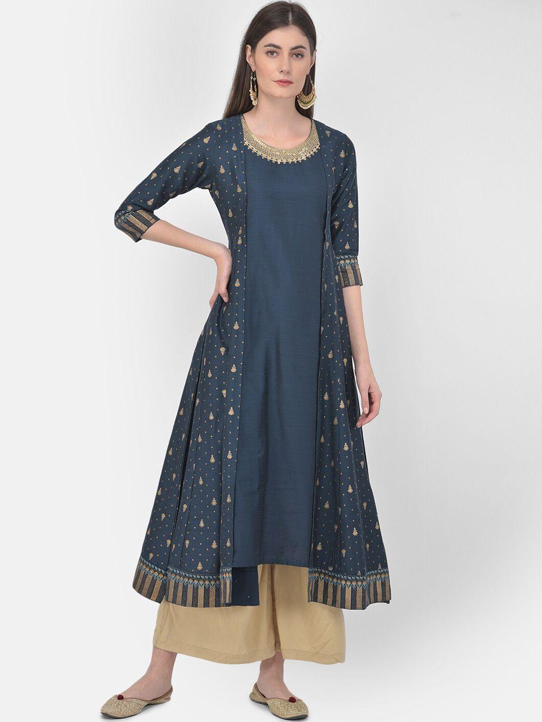 span women blue & gold-toned floral embroidered thread work layered anarkali kurta