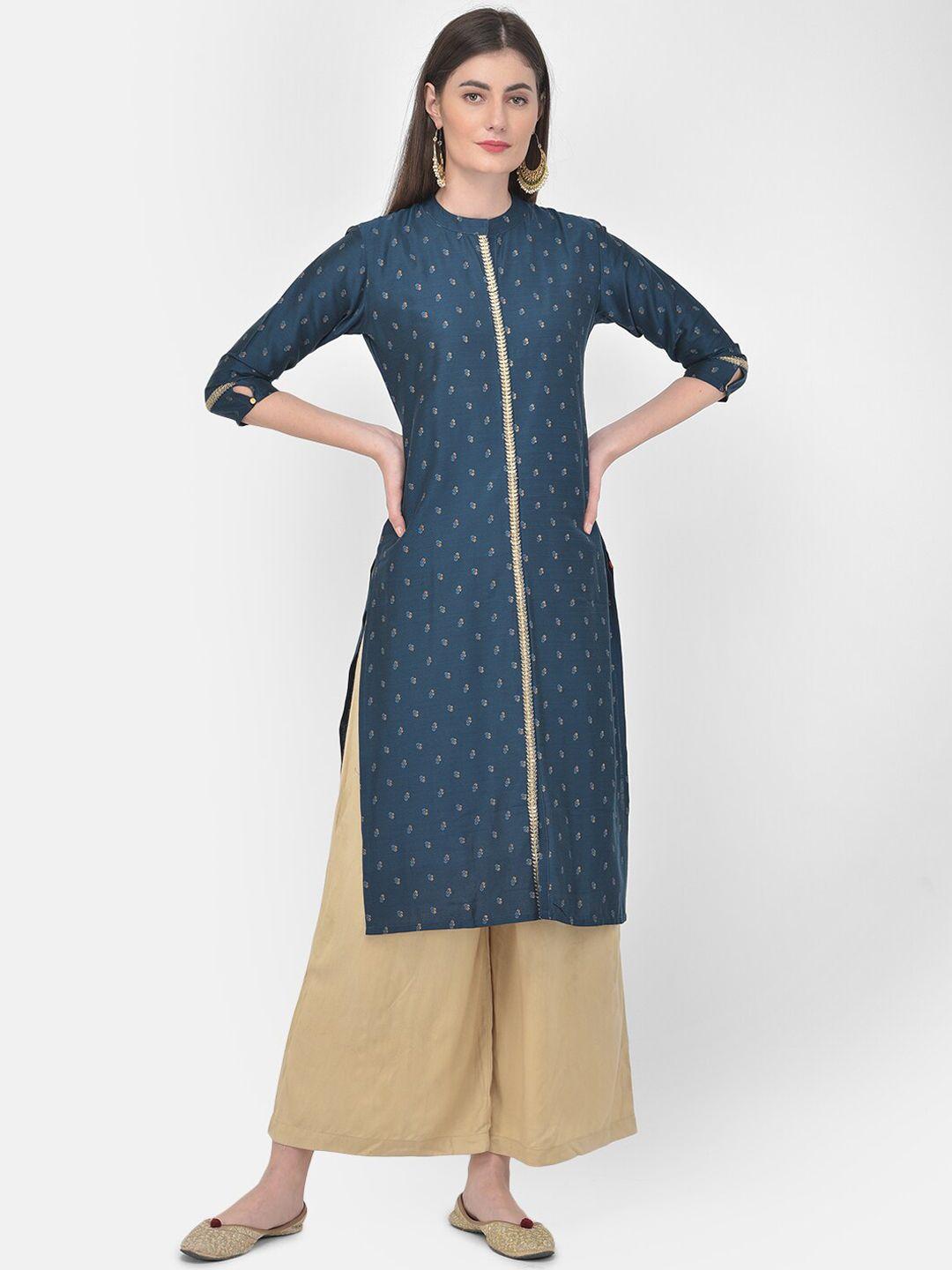 span women blue & gold-toned floral printed kurta