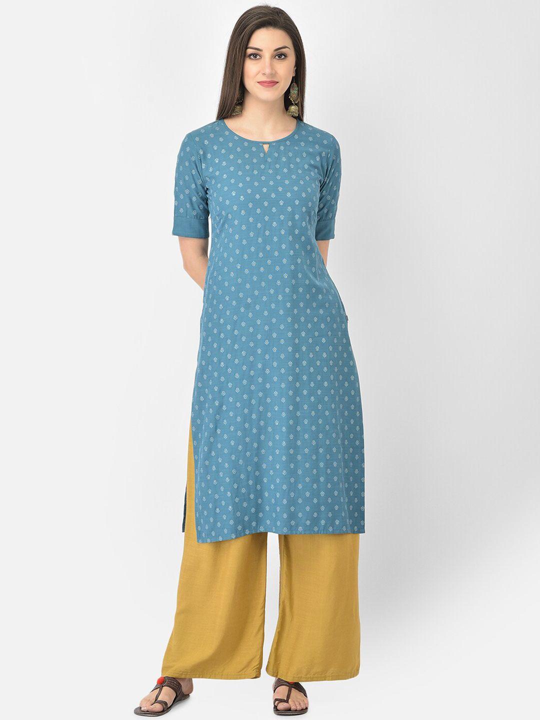 span women blue & yellow floral printed cotton straight kurta