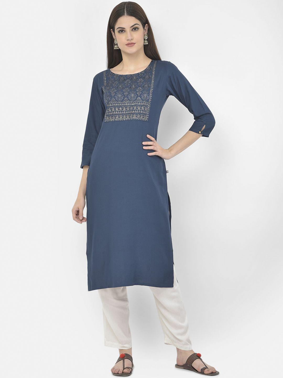 span women blue embroidered straight kurta