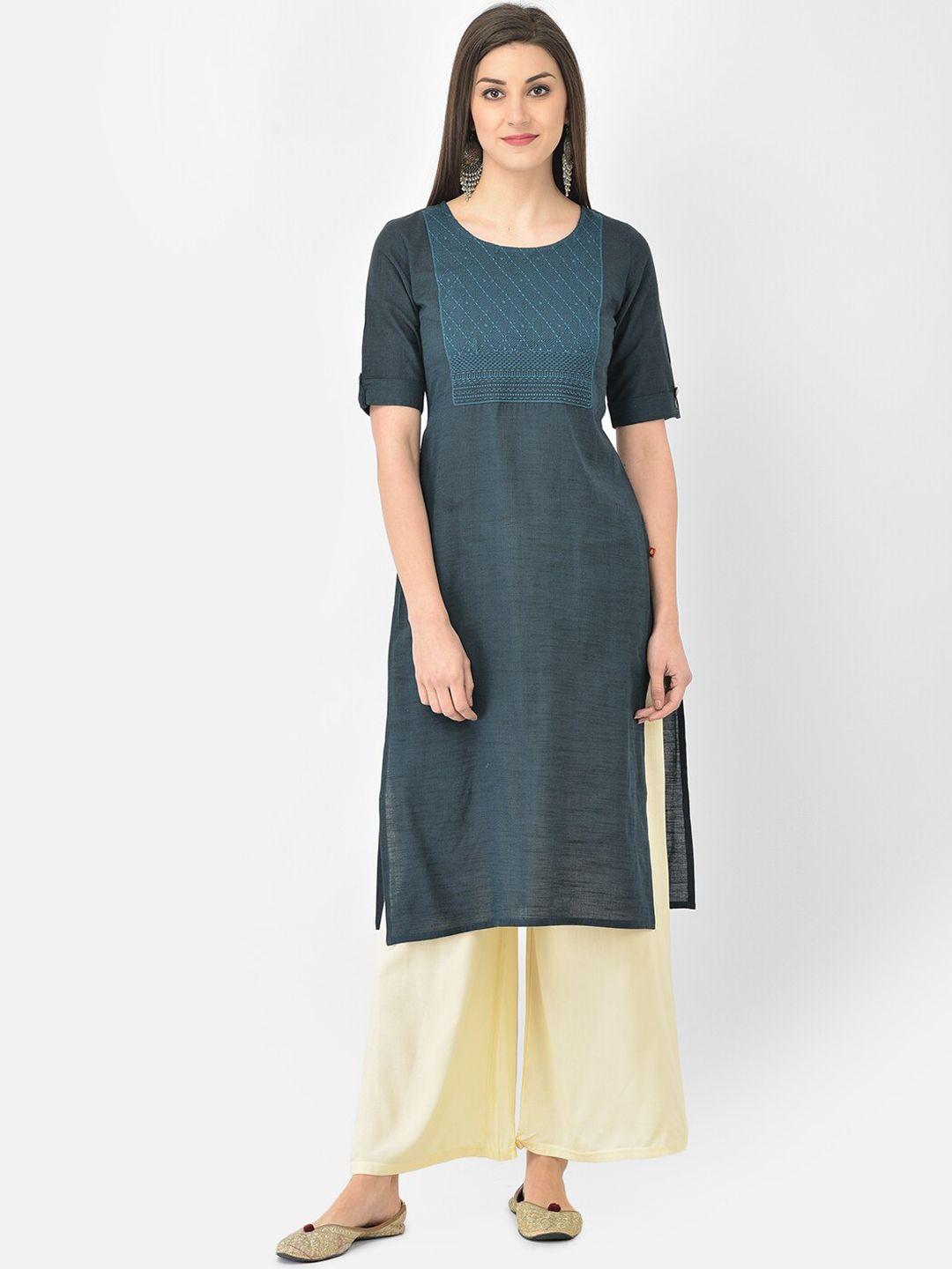 span women blue embroidered thread work kurta