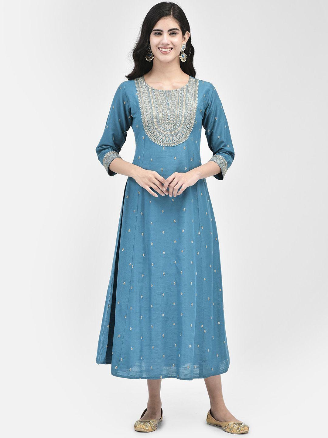 span women blue ethnic motifs embroidered flared sleeves sequinned kurta