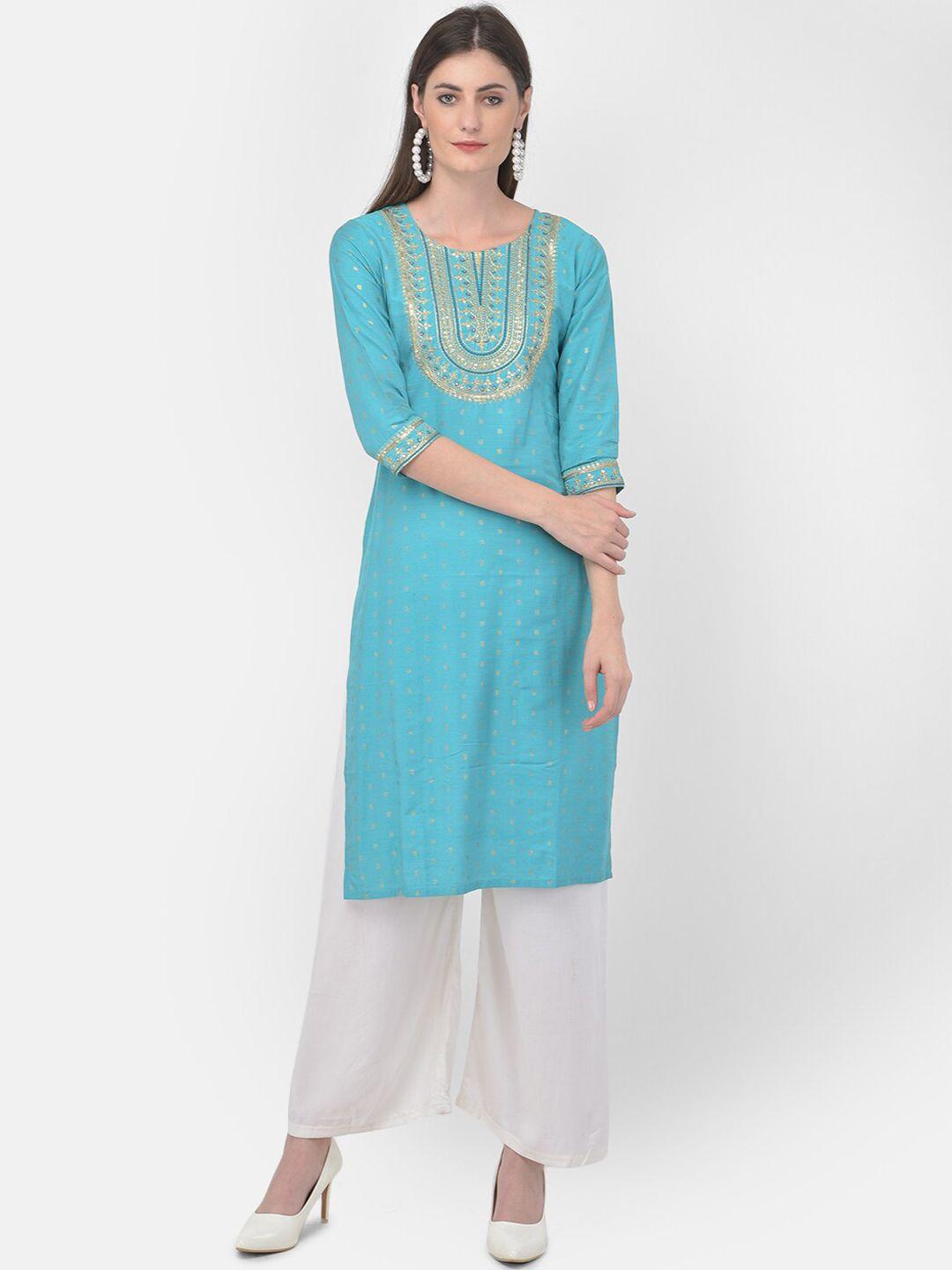 span women blue ethnic motifs embroidered kurta