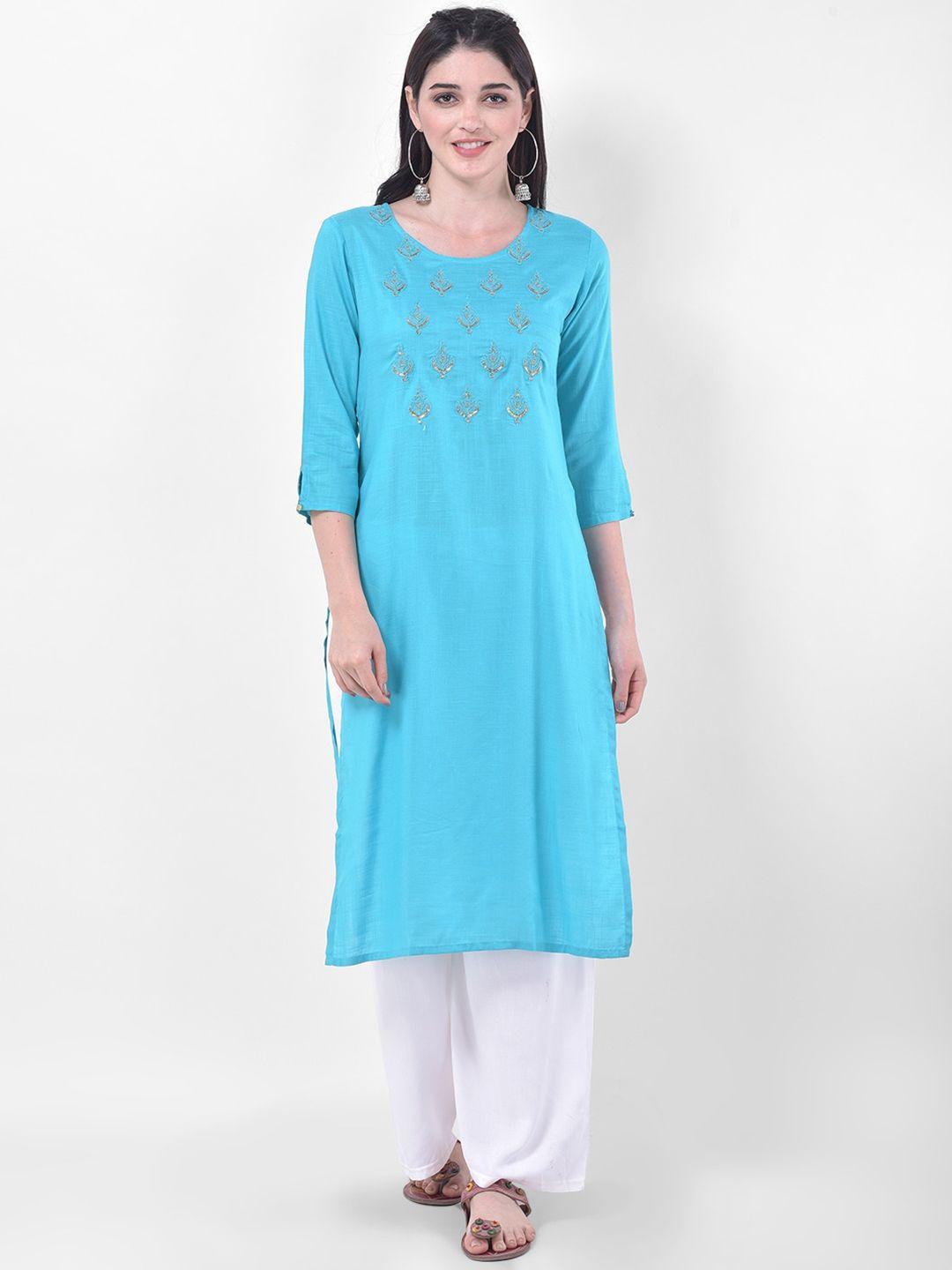 span women blue ethnic motifs embroidered sequins kurta