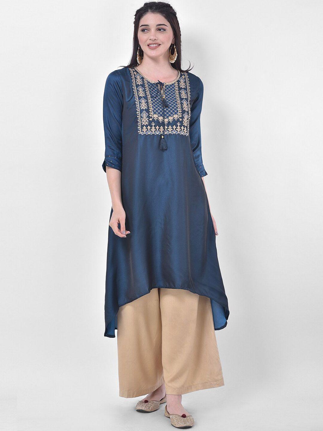 span women blue ethnic motifs embroidered straight kurta