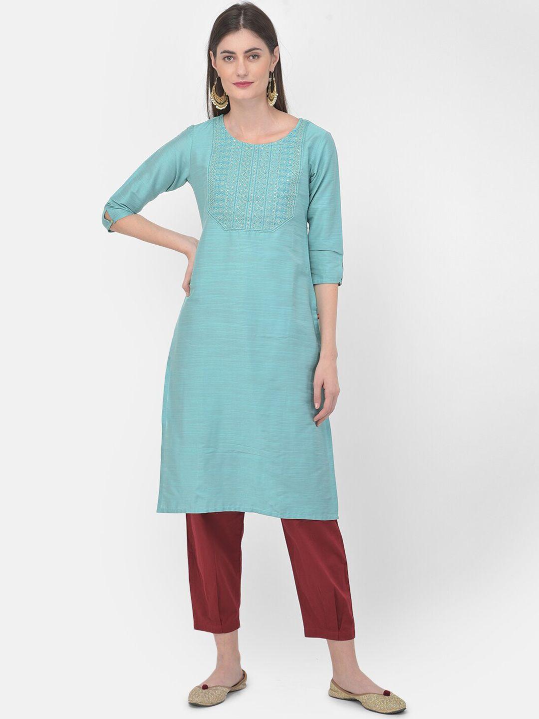 span women blue ethnic motifs embroidered thread work kurta