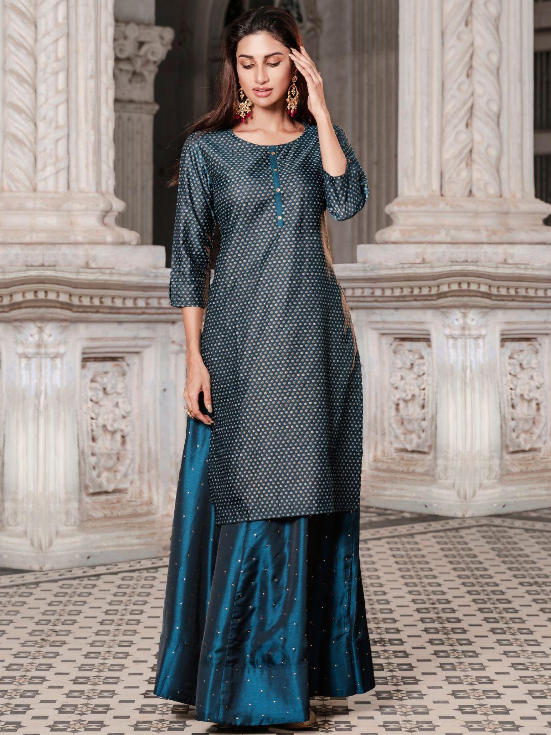 span women blue ethnic motifs print straight silk kurta