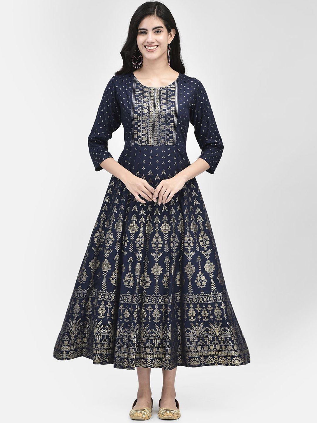 span women blue ethnic motifs printed flared sleeves mirror work anarkali kurta