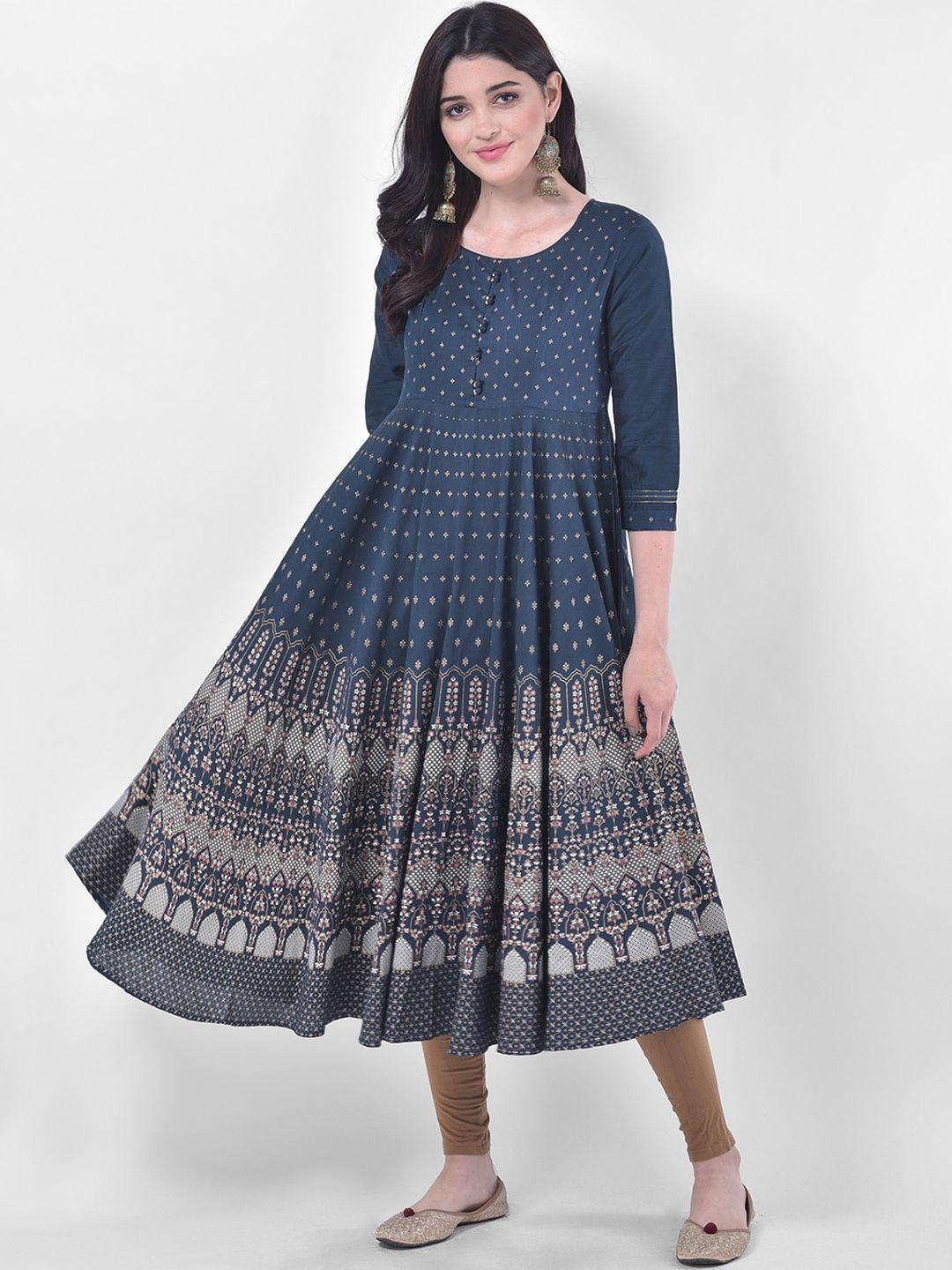 span women blue ethnic motifs printed indigo anarkali kurta