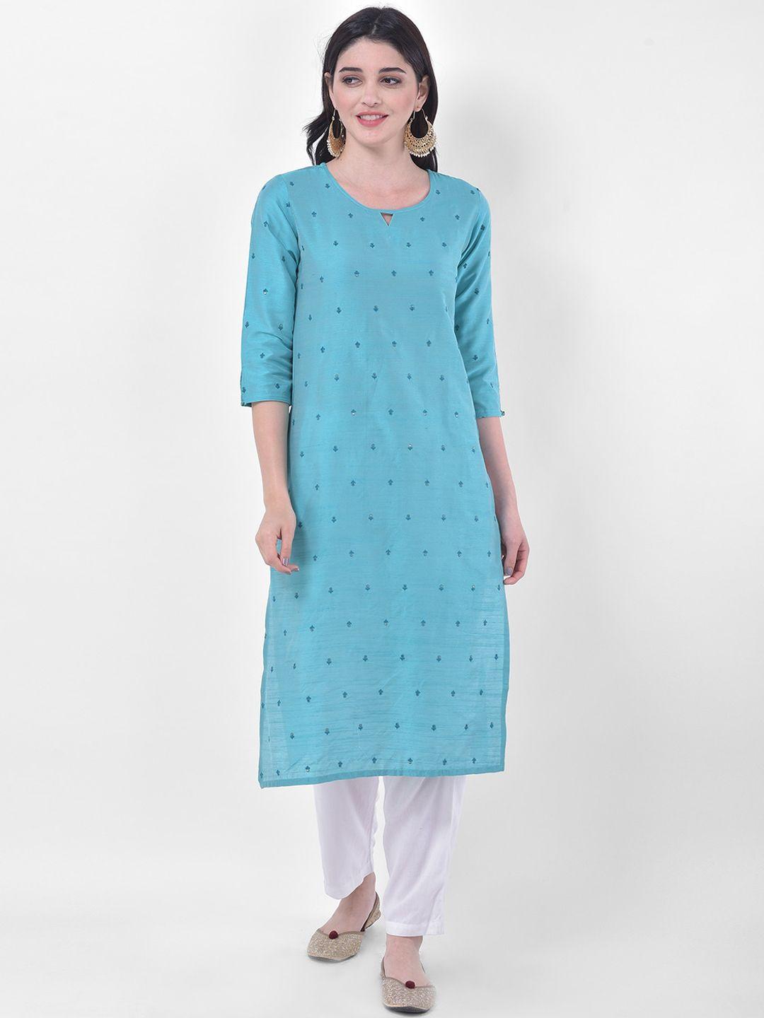 span women blue geometric embroidered keyhole neck kurta