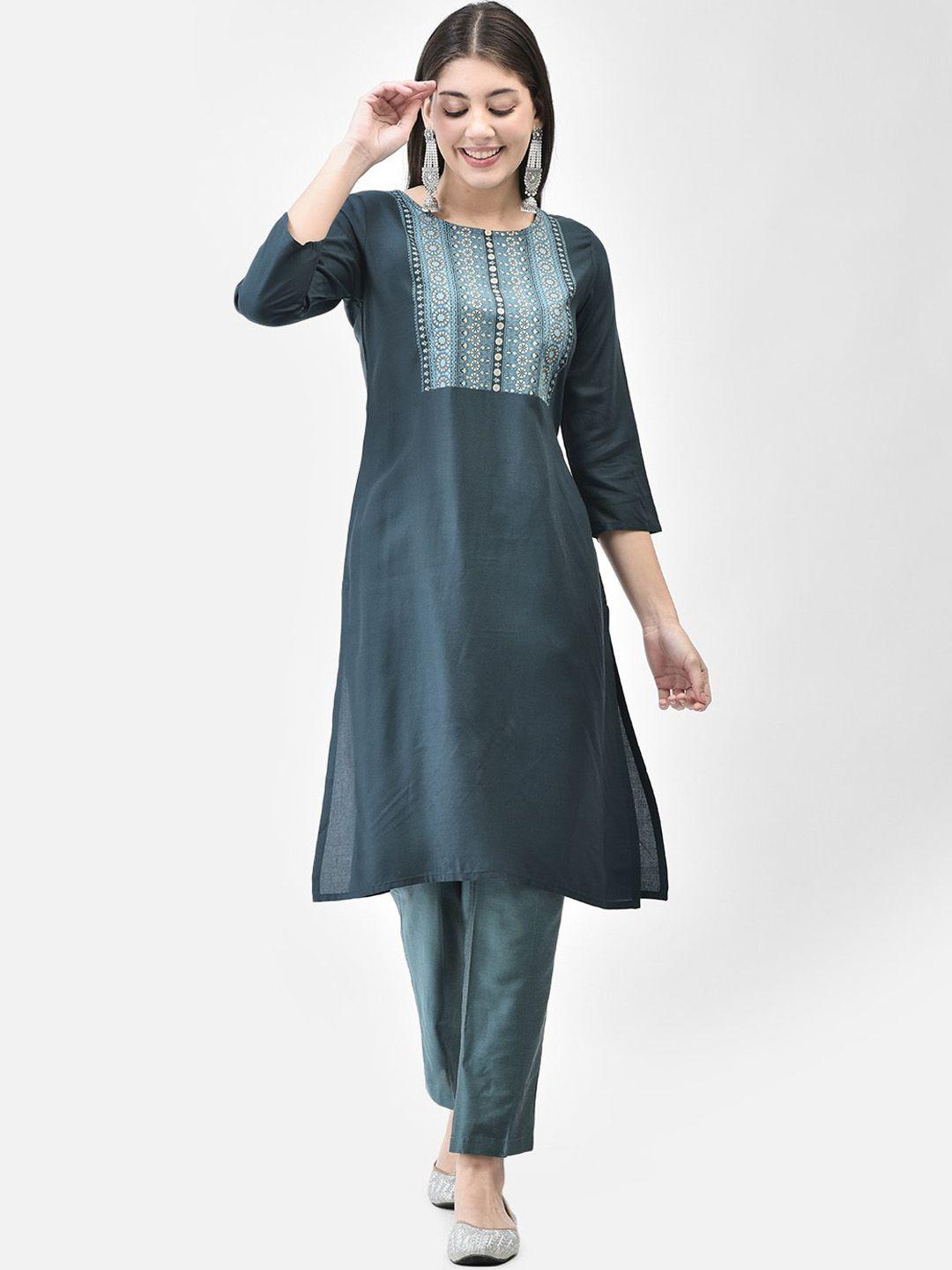 span women blue printed regular kurta with trousers