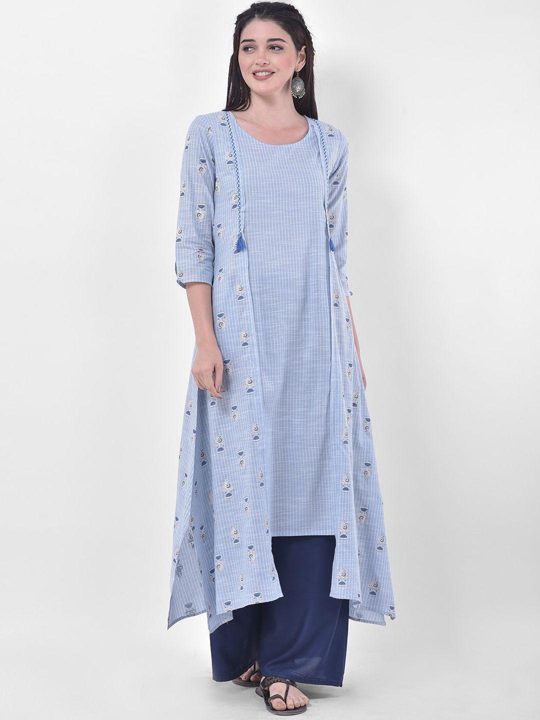 span women blue printed thread work kurta