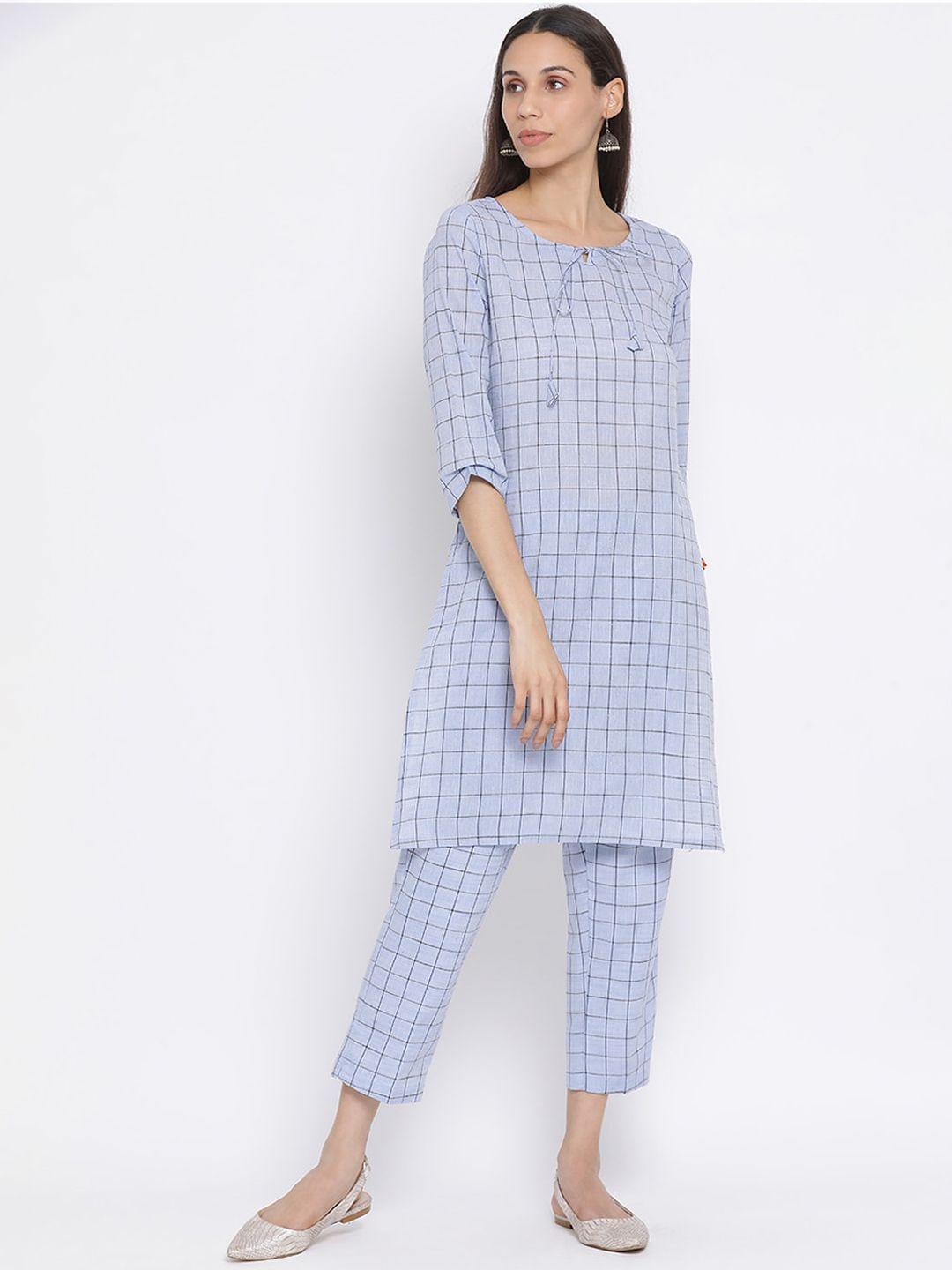 span women blue pure cotton checked kurta with trousers