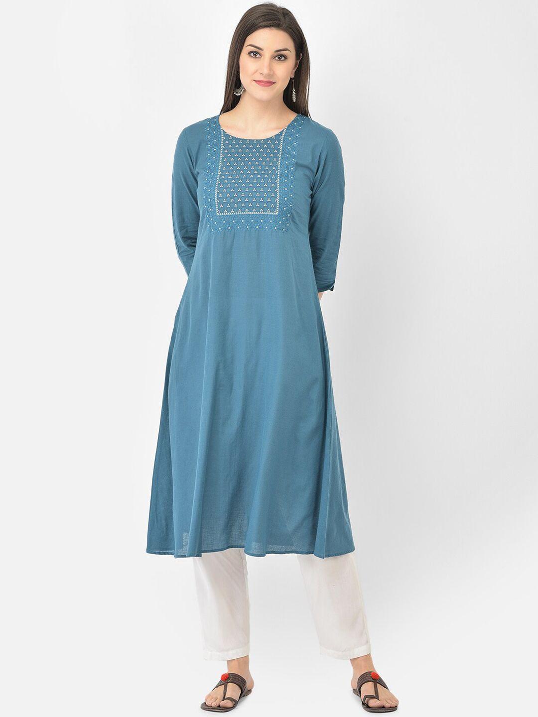 span women blue yoke design thread work cotton kurta