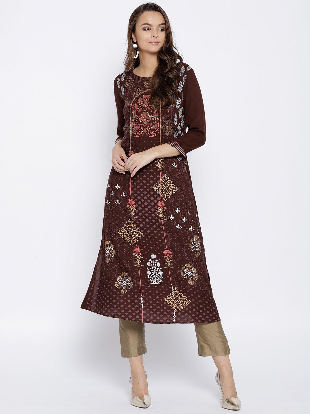 span women brown & white printed a-line kurta