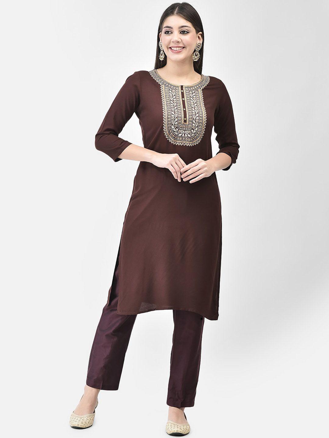 span women brown printed regular kurta with trousers