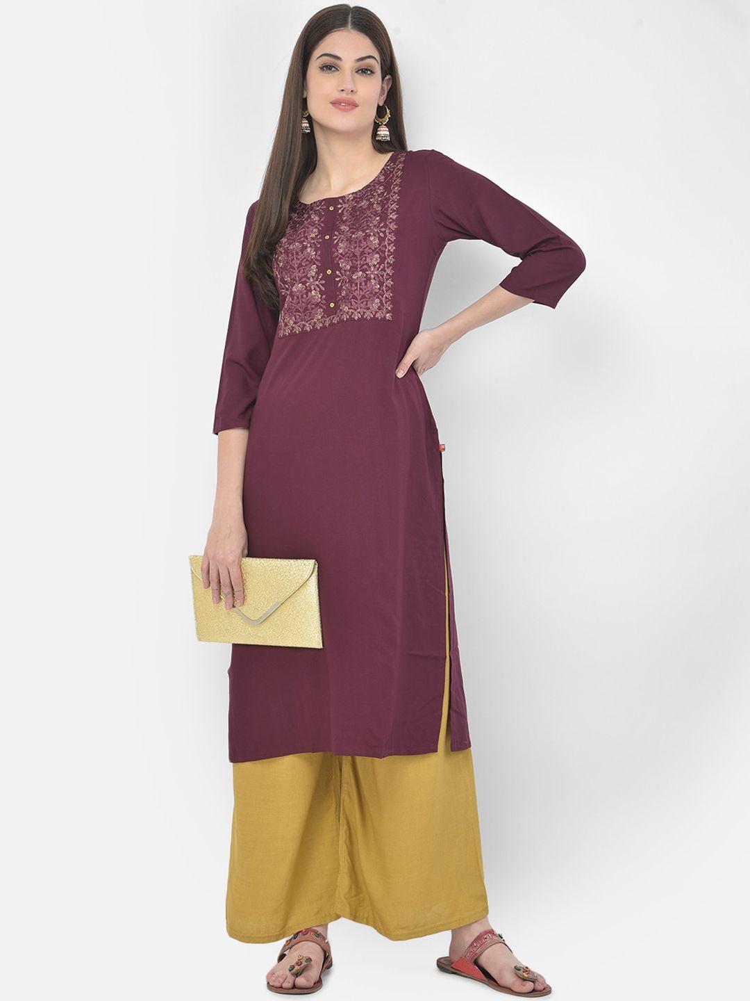 span women burgundy ethnic motifs embroidered thread work kurta