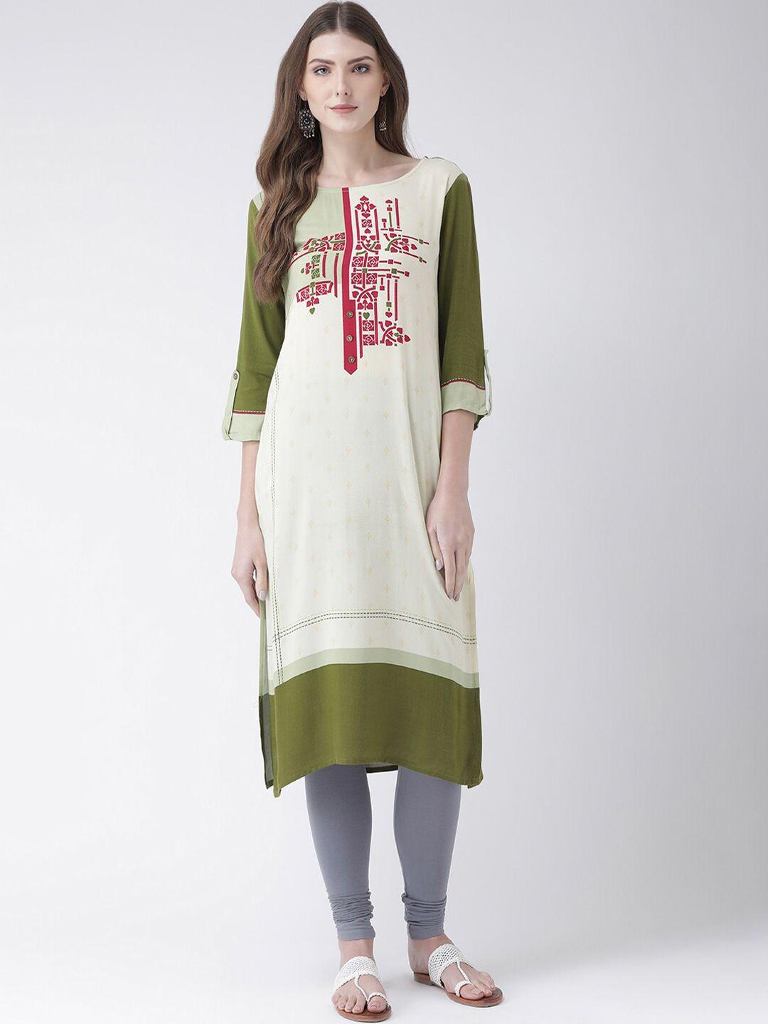 span women cream-coloured & green printed kurta