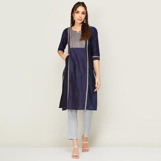 span women embroidered notched neck straight kurta