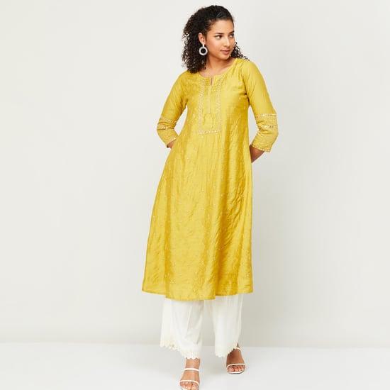 span women embroidered three-quarter sleeves a-line kurta