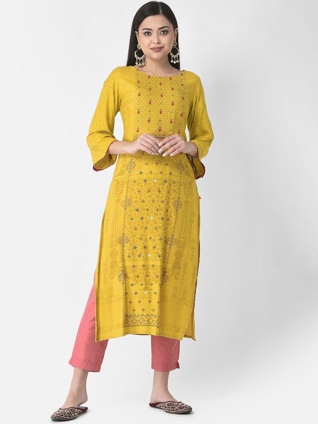 span women ethnic motifs printed round neck thread work cotton kurta