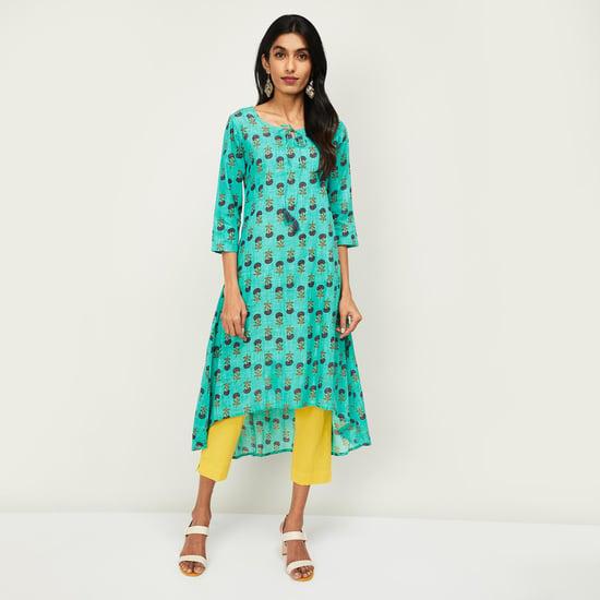 span women floral print three-quarter sleeves a-line kurta