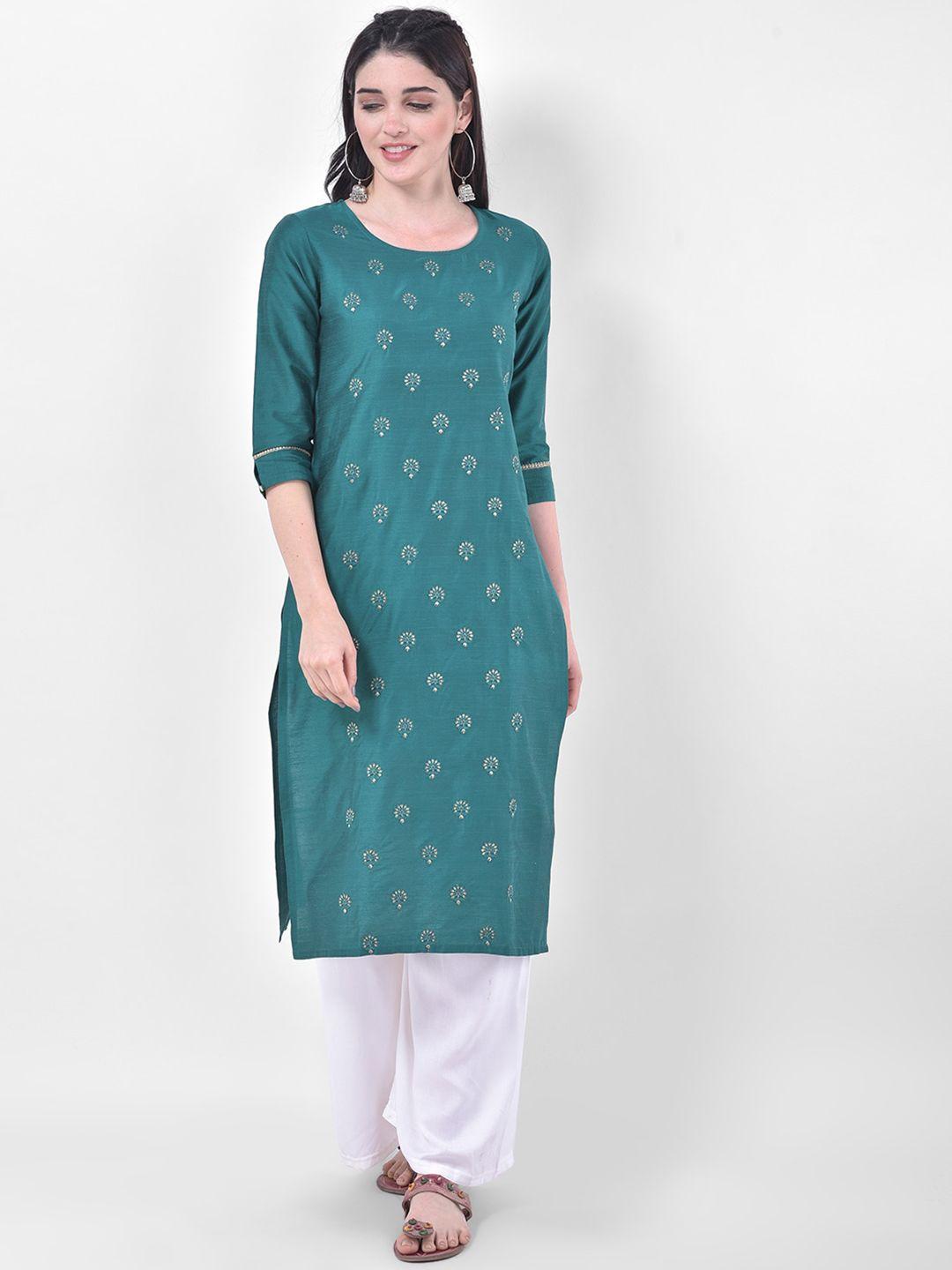 span women green & gold-toned ethnic motifs embroidered thread work kurta