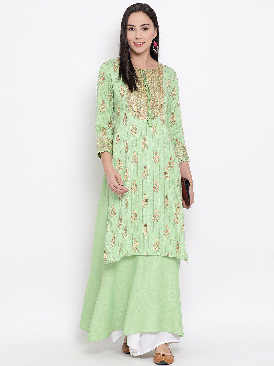 span women green & pink embroidered a-line kurta