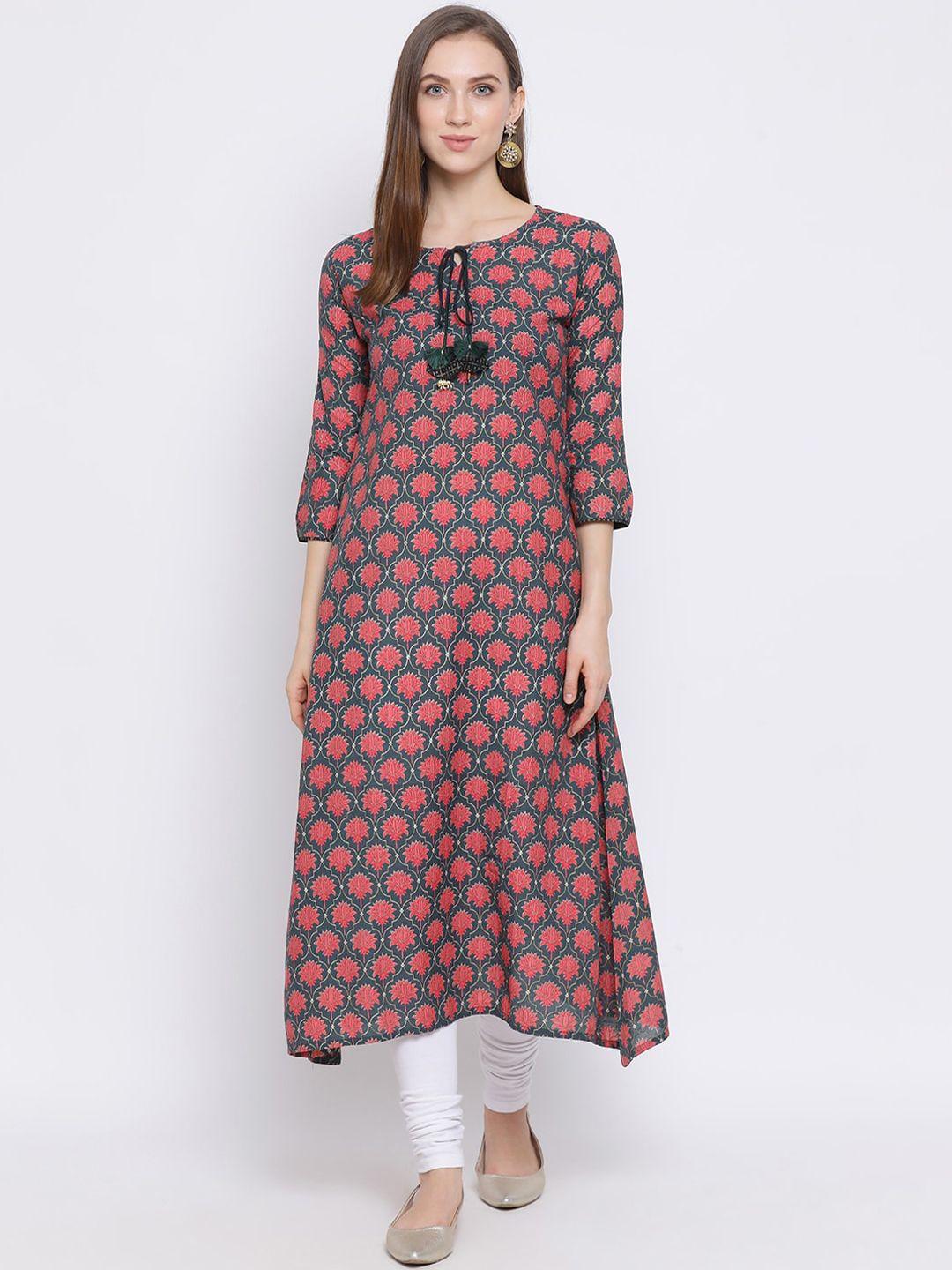 span women green & pink printed a-line kurta