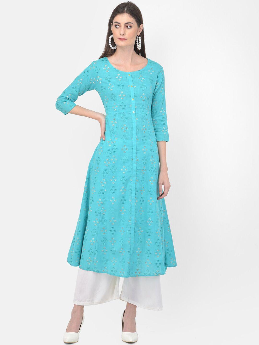 span women green & sky blue thread work kurta