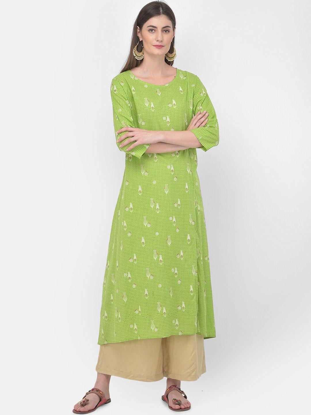 span women green & white ethnic motifs printed cotton straight kurta