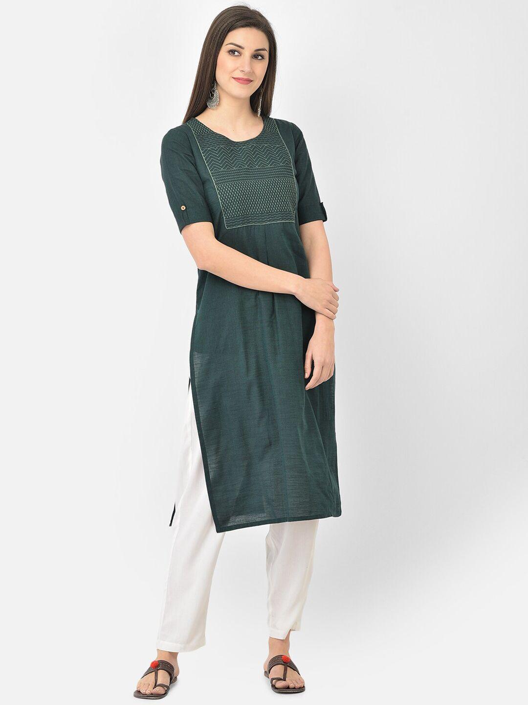 span women green embroidered thread work kurta