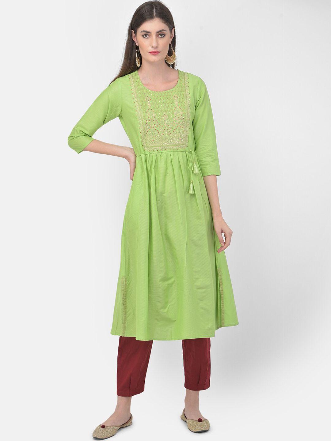 span women green ethnic motifs embroidered cotton kurta