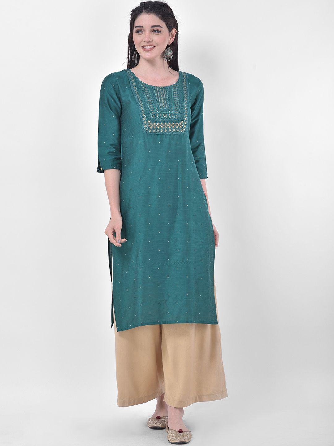 span women green ethnic motifs embroidered kurta