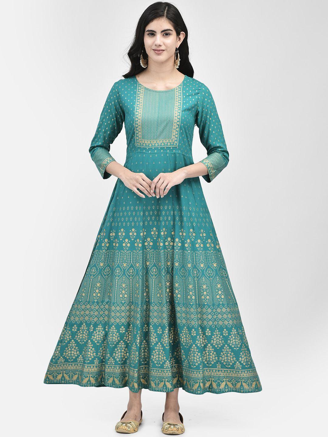 span women green ethnic motifs flared sleeves anarkali kurta