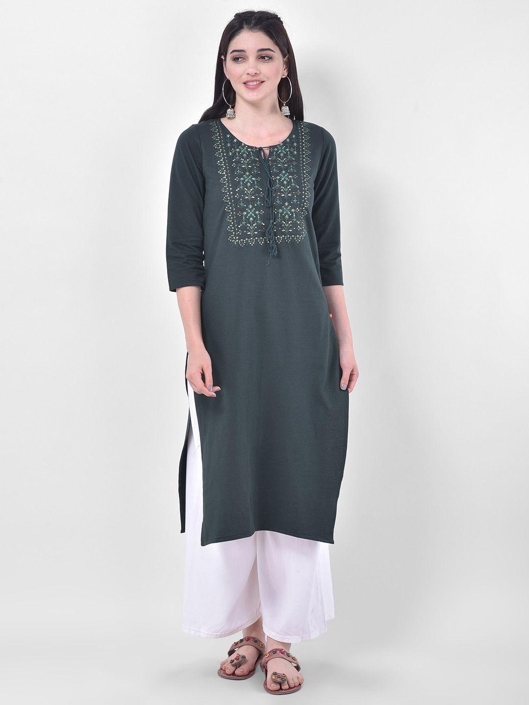 span women green ethnic motifs yoke design sequins kurta