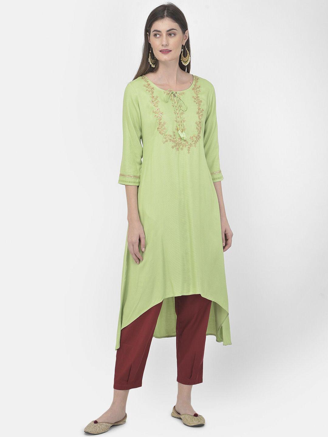 span women green flared sleeves thread work kurta