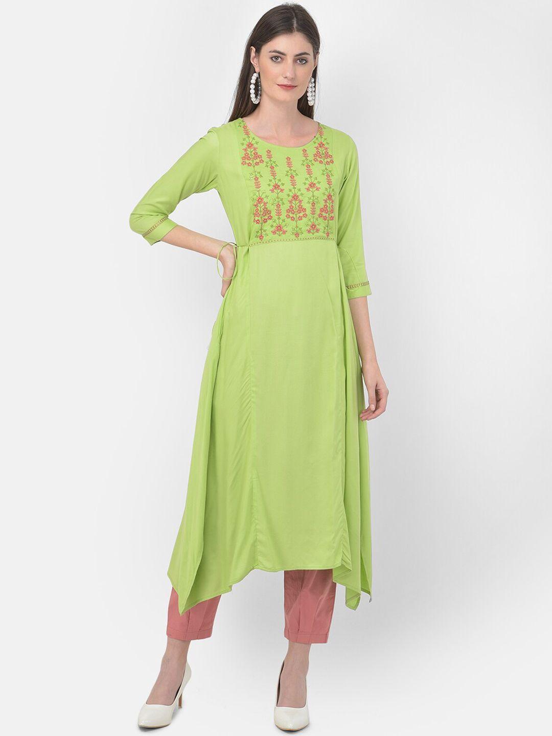 span women green floral thread work kurta