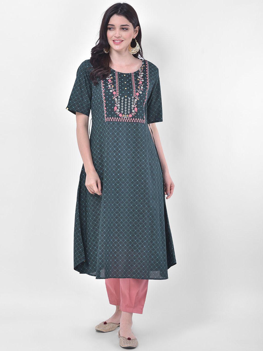 span women green geometric printed thread work kurta